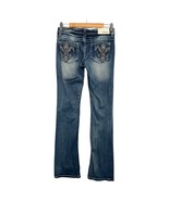 Grace Jeans Womens 27 Blue Boot Cut Low Y2K Fleur de Lis Rhinestone Embr... - $43.31 CAD