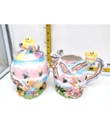Vintage Bunny Creamer Pitcher and Sugar Bowl Set Easter Chicks &amp; Egg Theme - $16.95