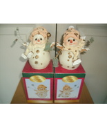 Handpainted Resin Snowman Set of 2 beige glitter accents 5 in. tall w/ b... - $10.95