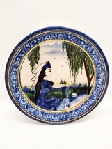 Vtg Redware Pottery Trinket Dish Handpainted Signed Blue Woman Water Willow Tree - £10.16 GBP