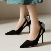 Crystal Bowtie Black Pumps Women Summer Slingback Pointed Toe High Heels Shoes W - £21.76 GBP