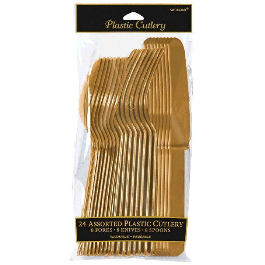 Gold Plastic Assorted Cutlery Set Party Tableware Knives Forks Spoons 24 Ct New - $5.95
