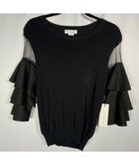 Rachel Zoe Small Black Sweater Ruffle Balloon Sheer Layered Sleeve Blous... - $61.10 CAD