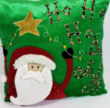 Ho Ho Ho Be Jolly Jingle Bell Santa Pillow Green W/Lepard Print 14&quot; x 14&quot; - £10.45 GBP