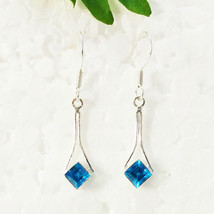 BLUE TOPAZ Lab-Created Gemstone Handmade 925 Sterling Silver Jewelry Earrings - £35.47 GBP
