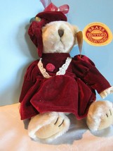 Vintage 12&quot; Brass Button &quot;Pearl&quot; Red Velvet Plush Bear Stuffed Animal Jointed - £12.94 GBP