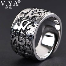 V.YA Genuine Silver 925 Six Word Ring For Men Big Wide Open Rings Buddha Clear E - £43.30 GBP