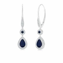 Blue Sapphire Drop, Dangle Earrings with Diamond Halo in 14K Gold (A , 6x4MM) - £734.85 GBP