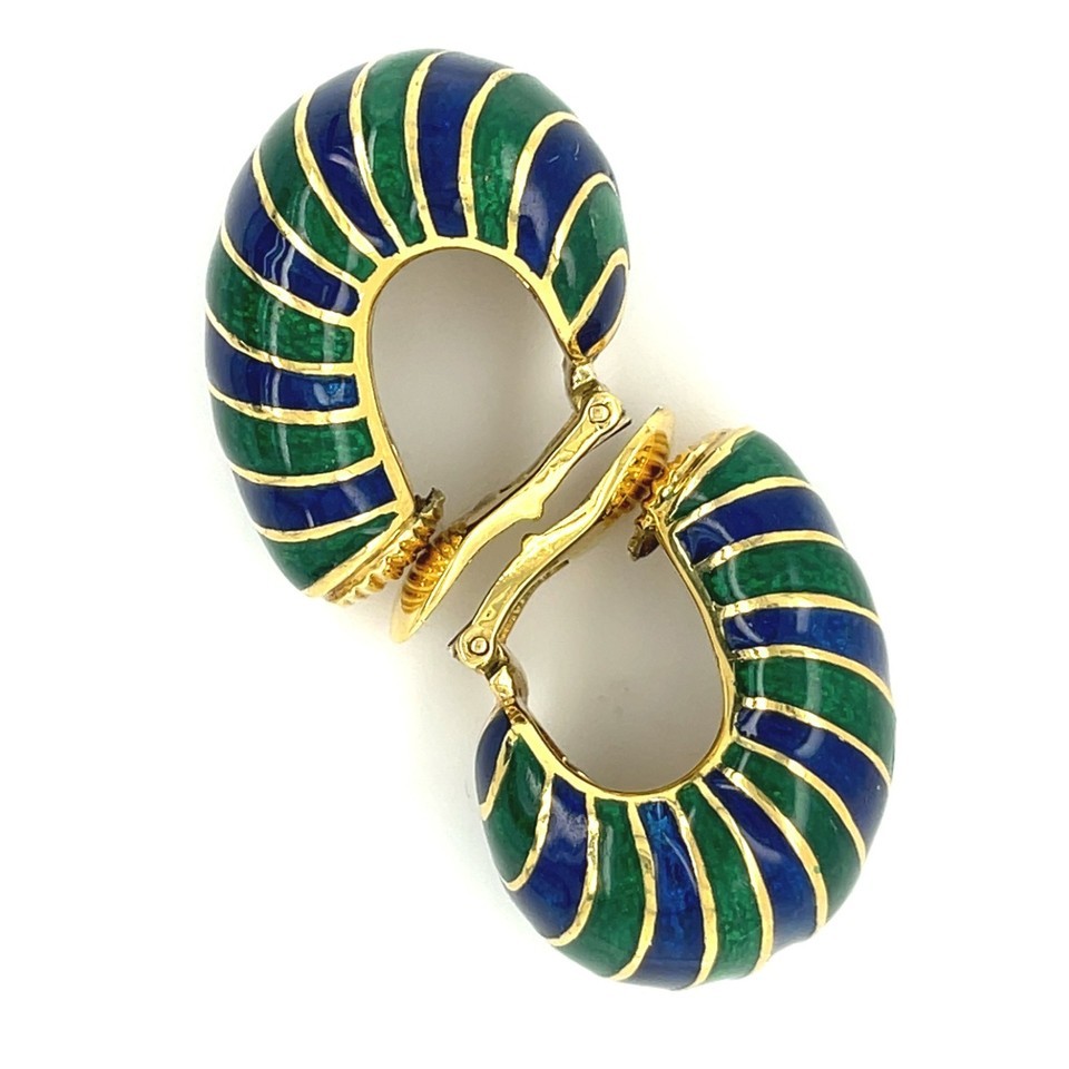 David Webb 18k Yellow Gold Blue and Green Enamel Huggie Earrings Gorgeous! Item image 6