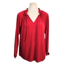 Michael Kors Red Blouse Medium Split Neck Gold Ties Stretchy Romantic Ho... - £20.28 GBP