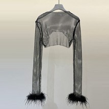 Rty ostrich feather hem sleeve crop top 2022 new fashion elegant women shiny rhinestone thumb200