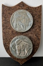 Unique Vintage Buffalo Nickel Hanging Wall Art Plaque Metal &amp; Wood Frankoma? - £48.33 GBP