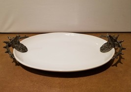PIER 1 One White Oval Platter Serving Tray With Metal Elk Deer Stag Head Handles - £51.43 GBP