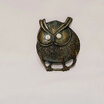 Owl Brown Round Metal Brooch Pin Vintage 2&quot;  Rhinestone Eyes Sitting on Branch - £15.97 GBP