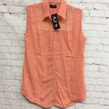 AJS Womens Button Front Shirt Coral Sleeveless Collared Sheer Lace S New - $8.94