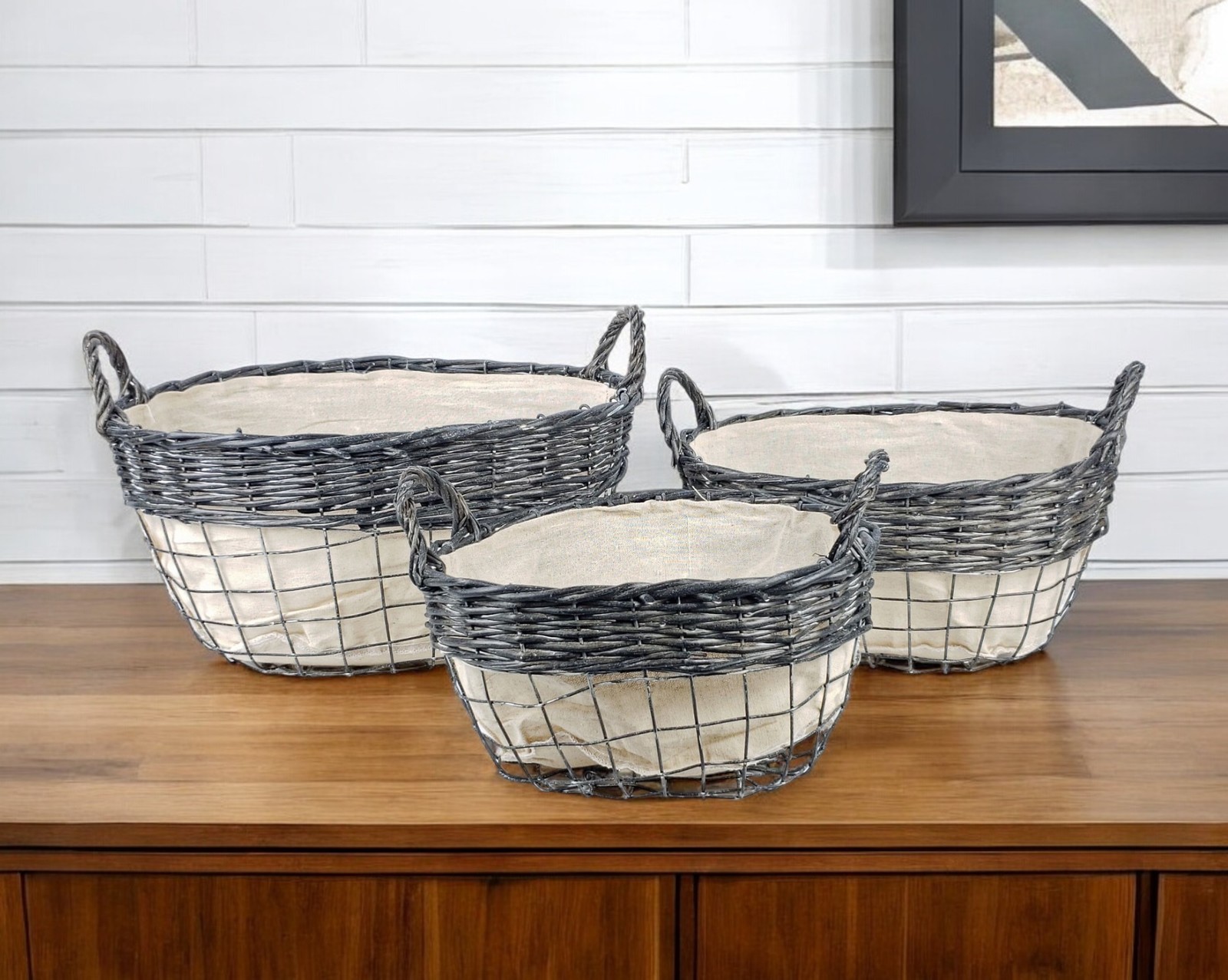 Set of Three Gray And Beige Iron And Wicker Baskets - $117.04