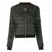 New Woman&#39;s Black Silver Metallic Studded Punk Ribbon Leather Coat Jacket-552 - £334.51 GBP
