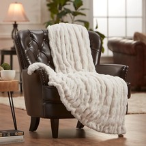 Ruched Luxurious Soft Faux Fur Throw Blanket - Fuzzy Plush And Elegant With Reve - £80.65 GBP