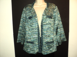 Chico&#39;s Women&#39;s Size 2 L Jacket Open Front Variegated Shiny Marled Blue 3/4 Slv - £21.04 GBP