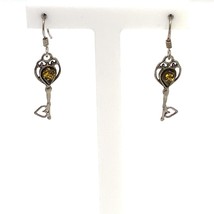 Vintage Sign Sterling KL Filigree Bezel Amber Stone Heart Key Dangle Earrings - £30.07 GBP