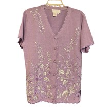 Maurada Womens Sweater XL Purple Knit Cardigan Short Sleeve Embroidered Floral - $27.60