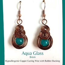 Antique Copper Wire-Wrapped Earrings with Aqua Glass Beads | Handmade  - £15.18 GBP