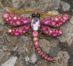 Dragonfly Pink Brooch Pin Necklace Chain Gold Rhinestone Insect Large Statement - £16.53 GBP