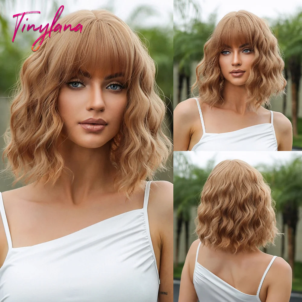 Ginger Brown Blonde Short Curly Synthetic Wig with Bangs for Women Afro Natur - £12.51 GBP+