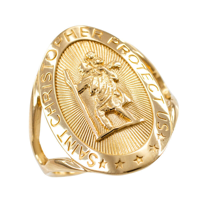 10K Yellow Gold Saint Christopher Oval Ring - Rings