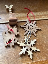 Lot of Wood Wooden Snowflakes Reindeer &amp; Bell w Holly Christmas Tree Ornaments – - £14.74 GBP