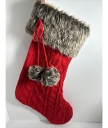 Christmas Stocking With Faux Fur Cuff Pom Poms  19 Inches  Cable Knit - $29.68