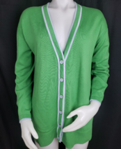 Talbots Varsity Sweater Womens M Boyfriend Cardigan Green Cotton Blend Enamel - £21.75 GBP
