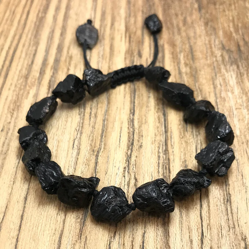 Natural Black Tourmaline Stone Nuggets Chips Beads Knot Cord Bracelet Adjustable - £19.24 GBP