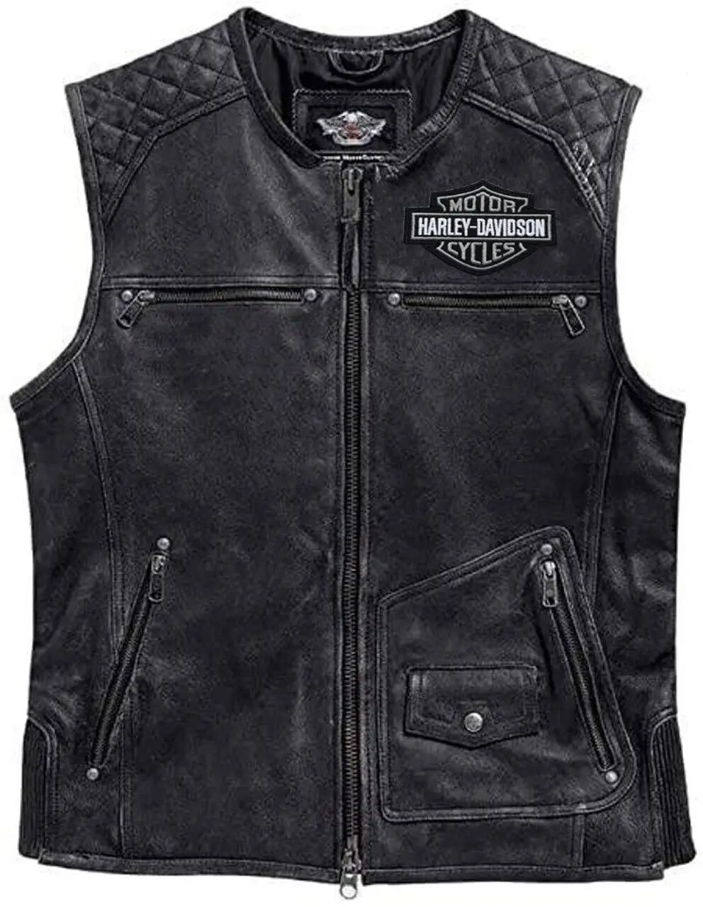 Harley Davidson Men’s Genuine Black Motorcycle Leather Vest with 4 Front Pockets