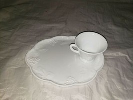 White Milk Glass Snack Luncheon Plate and Cup With Grape Pattern - £3.98 GBP