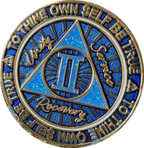 2 Year AA Medallion Cosmic Blue Glitter Alcoholics Anonymous Sobriety Chip - £12.58 GBP