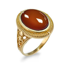 10K Gold Filigree Band Red Onyx Oval Gemstone Ring - $599.99