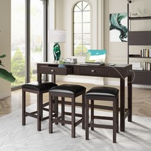 4-Piece Counter Height Table Set with Socket and Leather Padded Stools, Espresso - £373.06 GBP