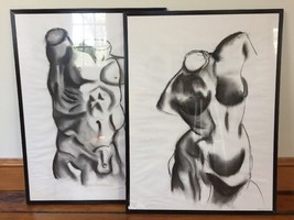 Pair 2003 Linda Perry Framed Charcoal Male Female Nude Figure Study Sketches  - £119.89 GBP