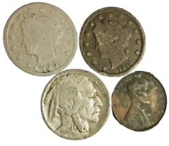 4 Mixed Coin Lot= Buffalo Nickel no date, 2 random V Nickels, and a Wheat Cent - £2.61 GBP