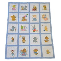 Vintage 70s Baby Quilt Kitschy Handpainted Animals Patchwork Blue 41 X 5... - $57.90