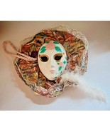 CERAMIC WALL ART MASK WITH DECORATIVE MATERIAL, LACE AND FEATHER - $25.76 CAD