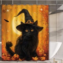 Halloween Black Cat Shower Curtain With 12 Hooks 72X72 Inch Waterproof Polyester - $33.99