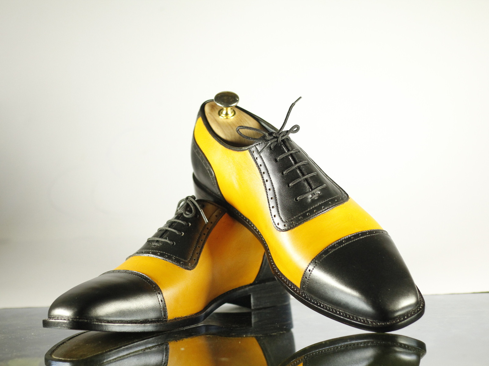 Handmade Men Black Yellow Leather Cap Toe Lace Up Dress Shoes, Men Designer Shoe