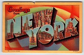 Greetings From New York Large Letter Linen Postcard Curt Teich 1950 NYC Vintage - £6.97 GBP