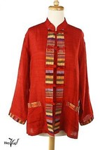Vintage Red Oriental Style Jacket Colorful Trim Mandarin Collar Sz ML - ... - £23.92 GBP