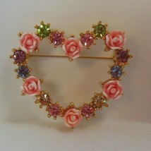 Vintage Avon SP Gold-tone Heart Flowers Brooch multi-color Rhinestones - $16.34