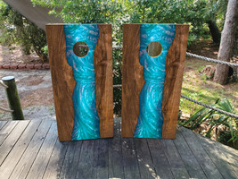 Waterproof Cornhole WRAPS / Turquoise Epoxy / Natural Wood Grain  / Lami... - $85.00
