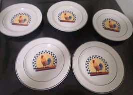 ROOSTER STONEWARE BOWLS SET OF 5 “REMY&quot; COUNTRY GREEN PLAID STRIPE FARM,... - $14.84