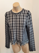 MILLY Black and White Houndstooth Long Sleeve Fringe Trim Top - Medium - £82.59 GBP